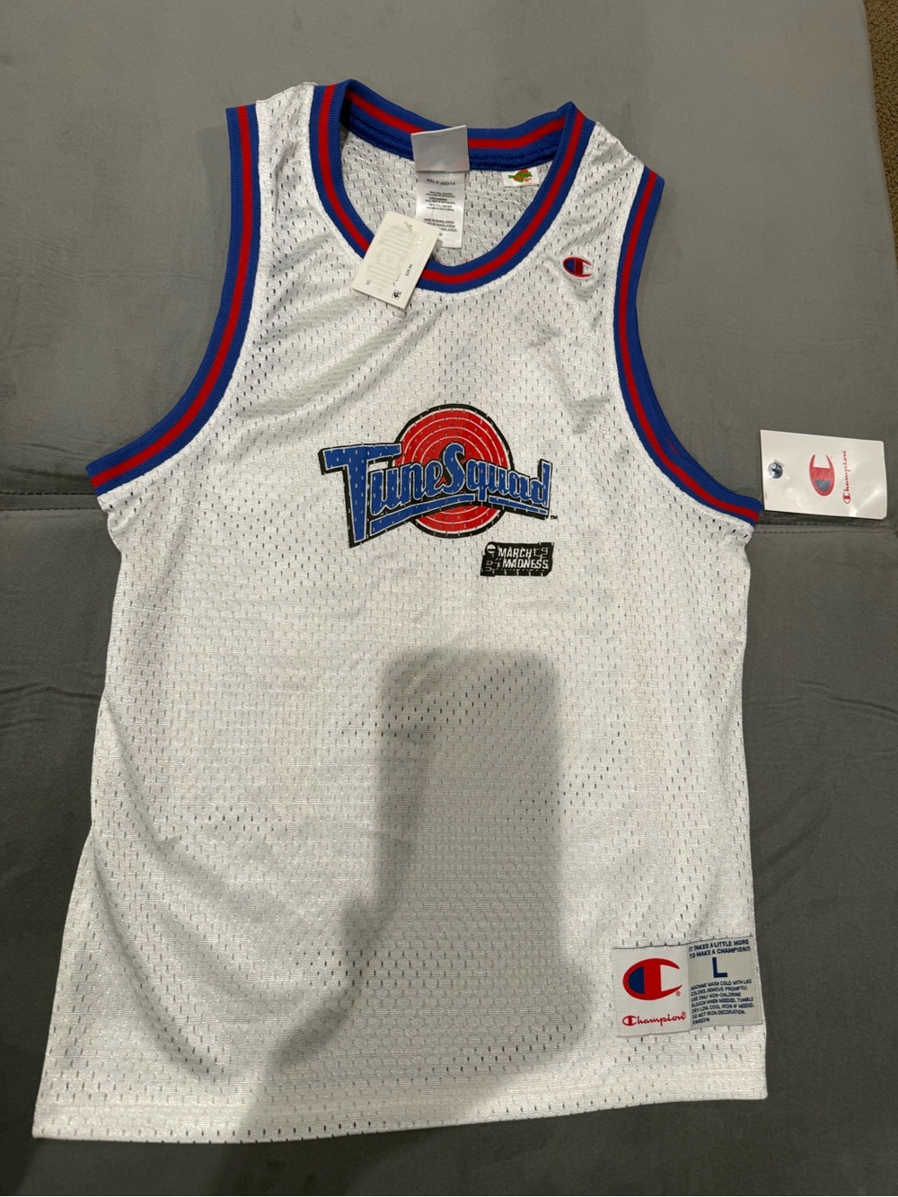 Champion White Tune Squad Mesh Jersey with Blue & Red Trim